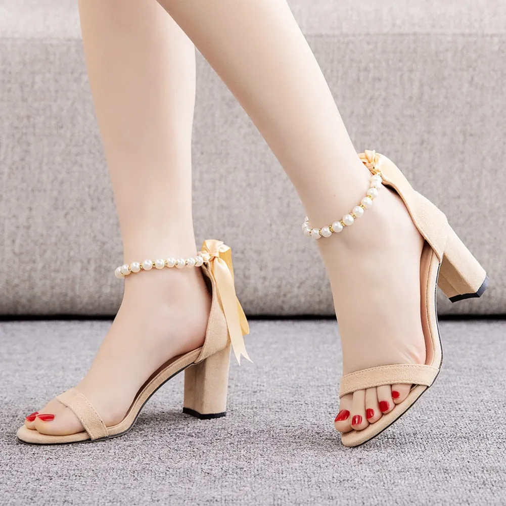 7 cm Thick Suede Beaded Ribbon Summer Sandals