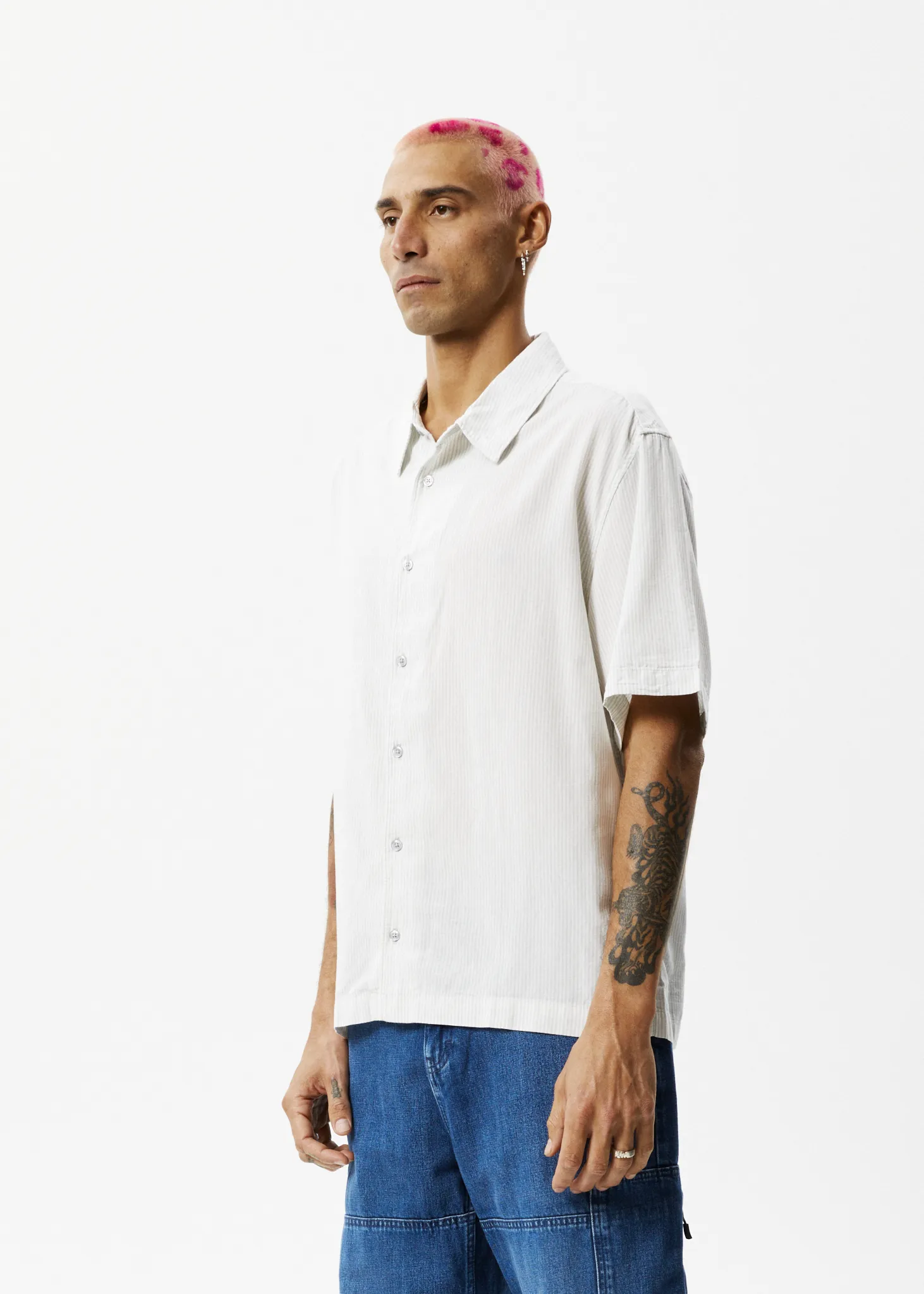 AFENDS Mens Locked Up - Striped Short Sleeve Shirt - Smoke