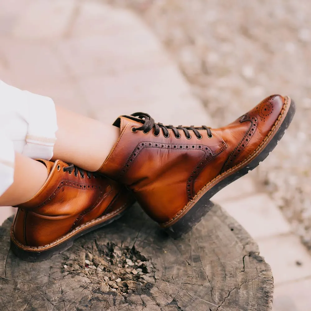 Aurora Lace-up Brogue Boots - Cognac Leather