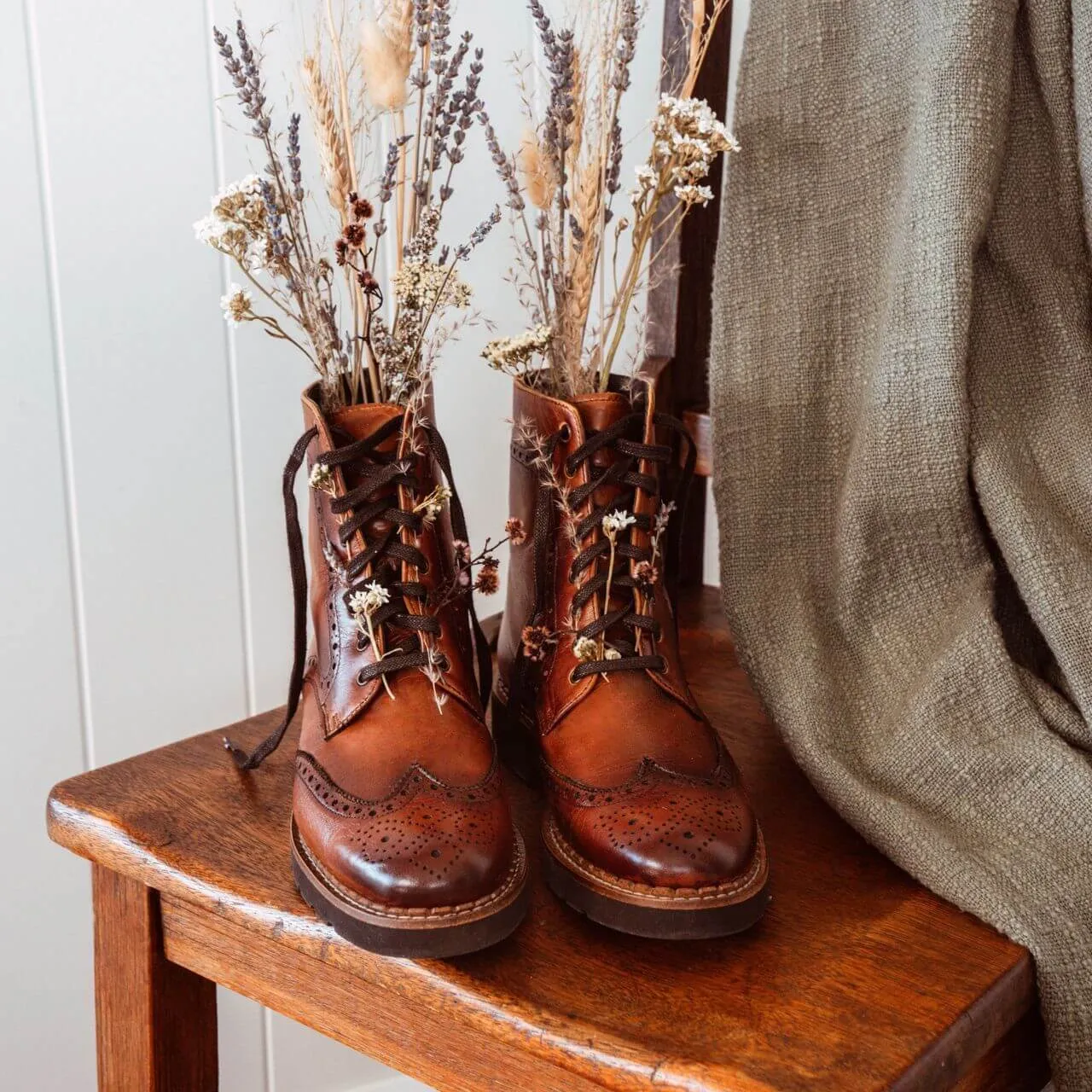 Aurora Lace-up Brogue Boots - Cognac Leather