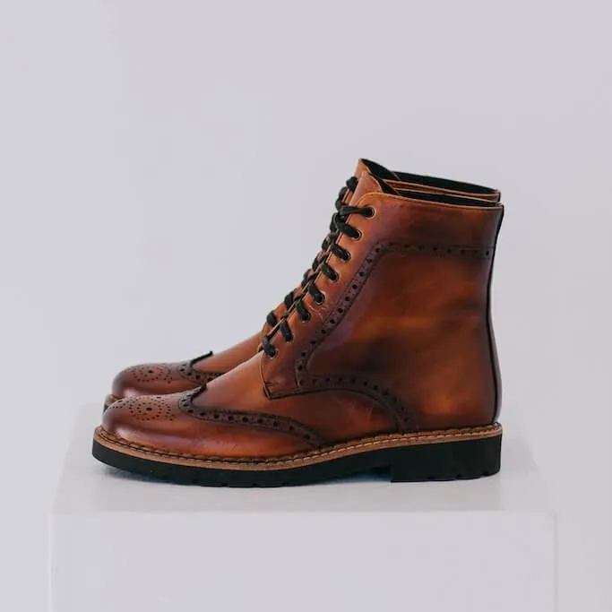 Aurora Lace-up Brogue Boots - Cognac Leather