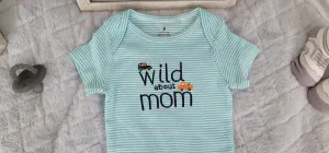 Baby Boy Onesie, Wild About Mom Design Onesie,  Green Stripes Onesie, 9 month Baby Boy Onesie