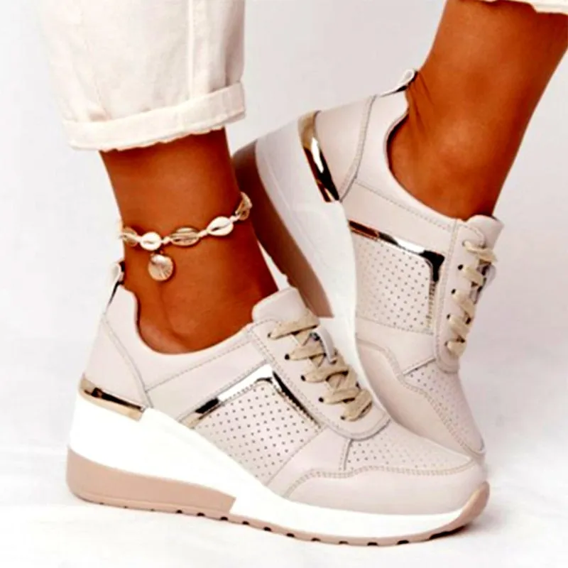 Back To School lovevop  Summer Women Sneaker Woman Lace Up Mesh Breathable Vulcanized Metal Wedges  New Female Sports Shoes Ladies Big Size Footwear