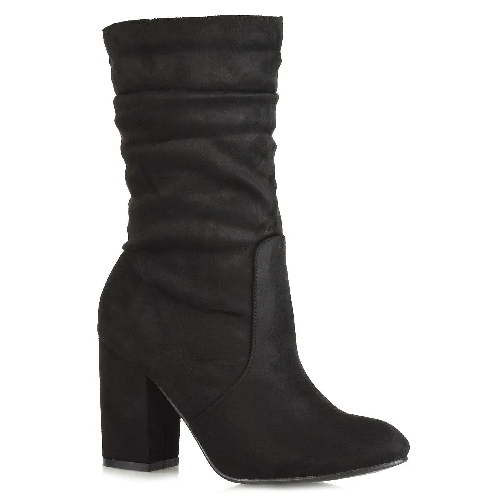 Belle Mid Block Heel Ruched Pull On Mid Calf Boots in Black Faux Suede