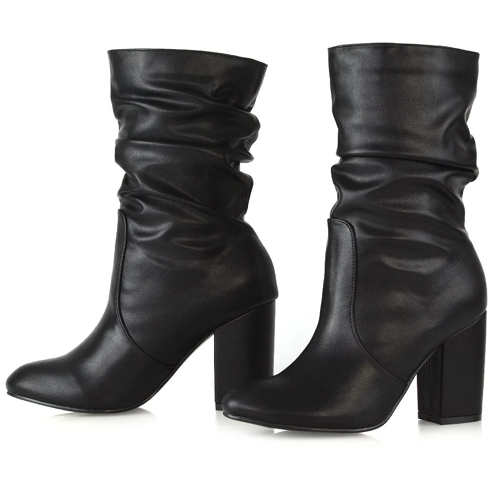 Belle Mid Block Heel Ruched Pull On Mid Calf Boots in Black Faux Suede