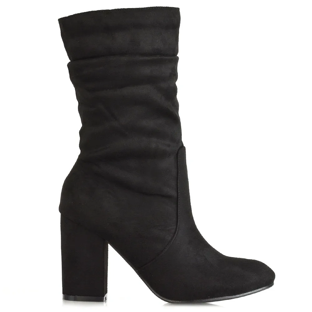 Belle Mid Block Heel Ruched Pull On Mid Calf Boots in Black Faux Suede