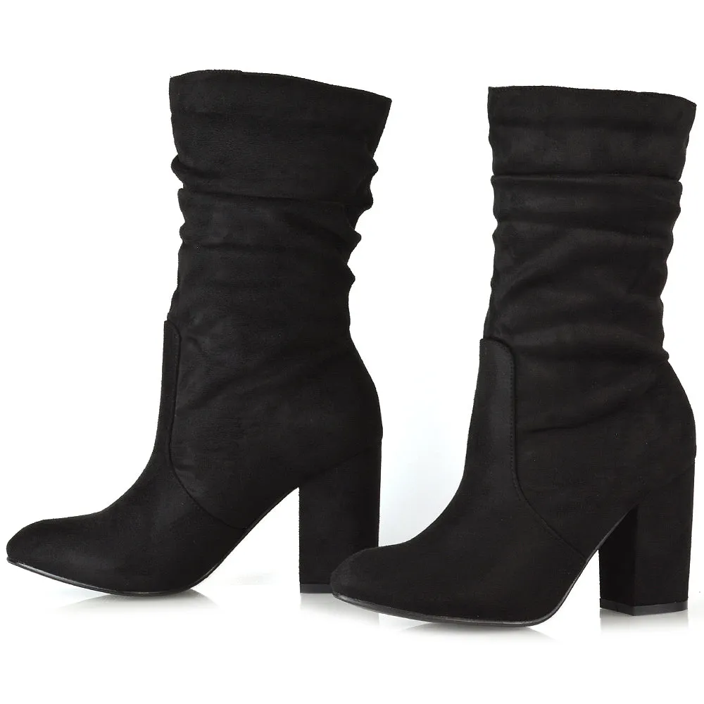 Belle Mid Block Heel Ruched Pull On Mid Calf Boots in Black Faux Suede