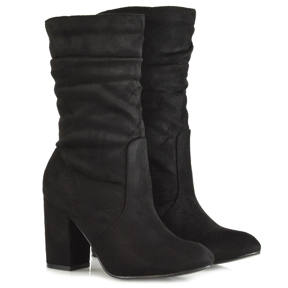 Belle Mid Block Heel Ruched Pull On Mid Calf Boots in Black Faux Suede