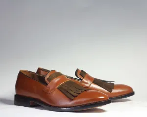 Bespoke Brown Leather Fringe Loafer Shoe for Men