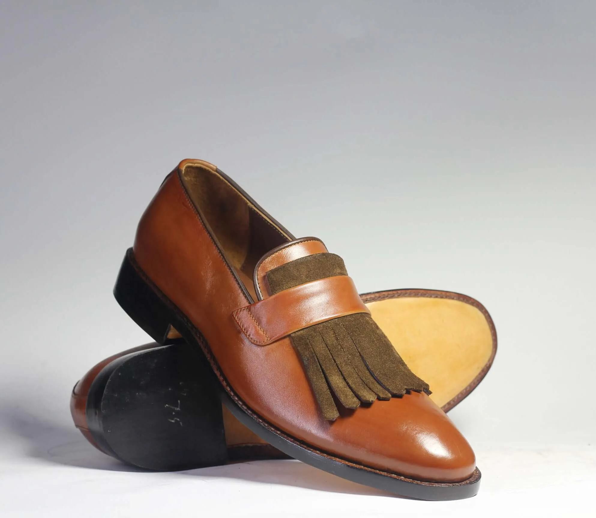 Bespoke Brown Leather Fringe Loafer Shoe for Men