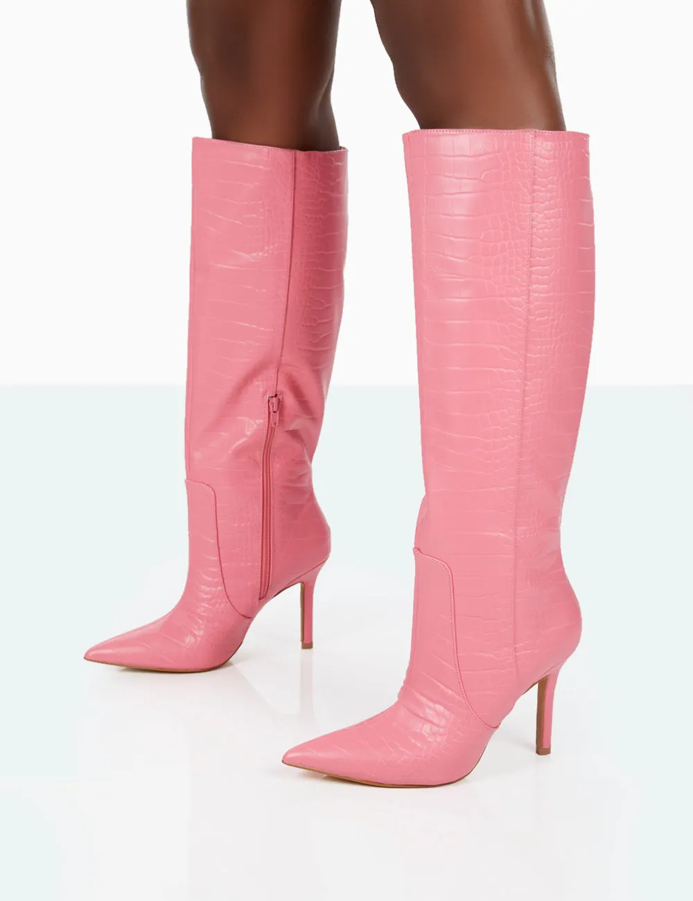 Best Believe Pink Croc Pointed Toe Heeled Stiletto Knee High Boots