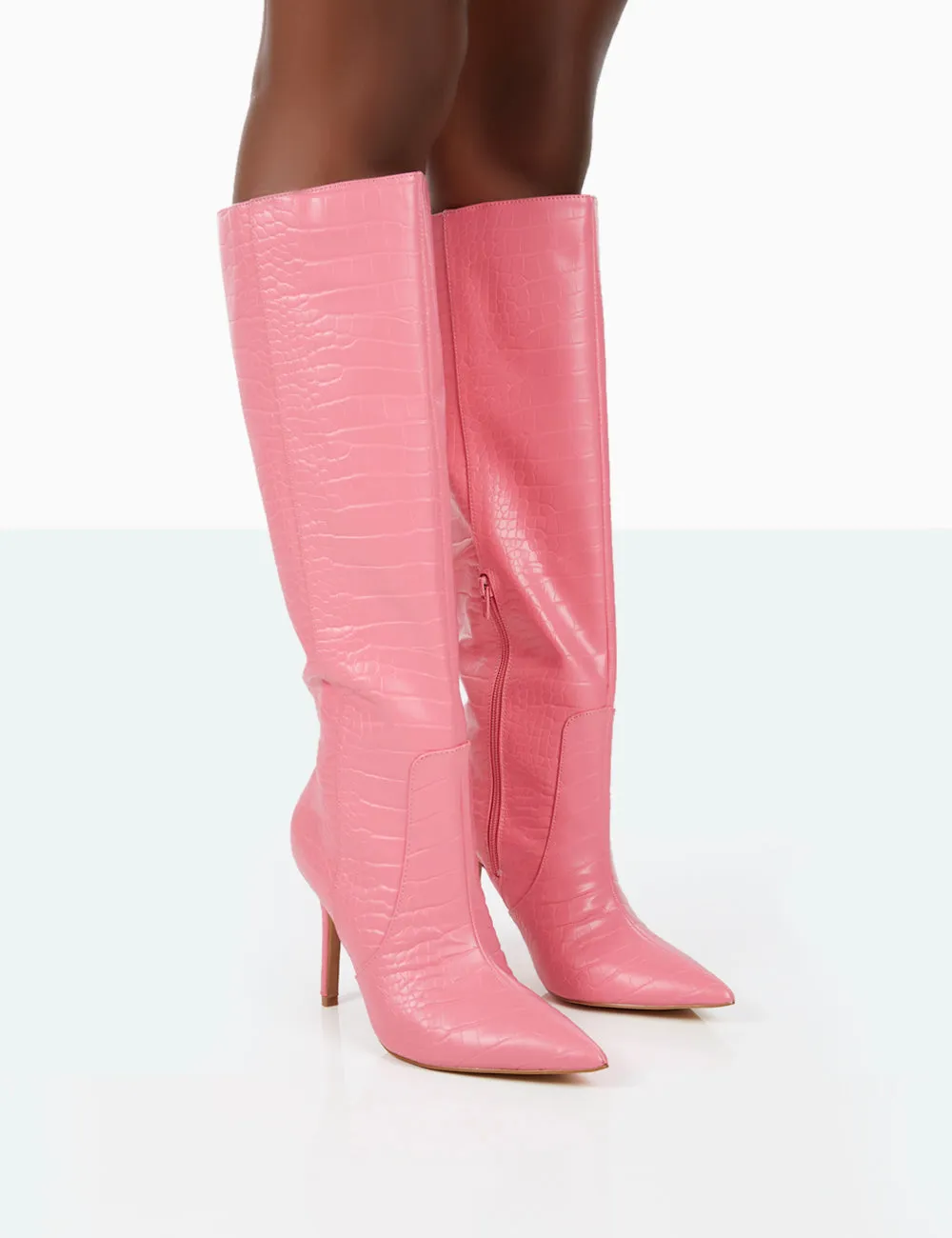 Best Believe Pink Croc Pointed Toe Heeled Stiletto Knee High Boots