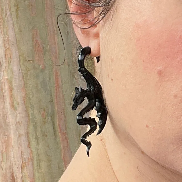 Black Folded Wing Dragon Faux Gauge Earrings