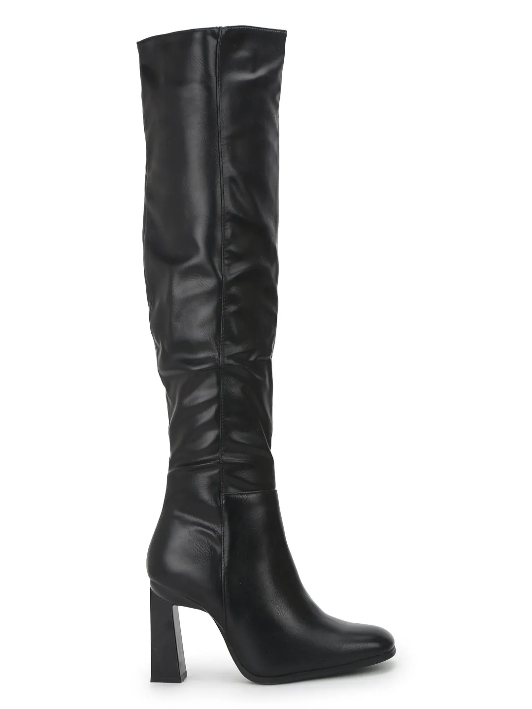 Black PU Dual Tone Block Heels Long Boots