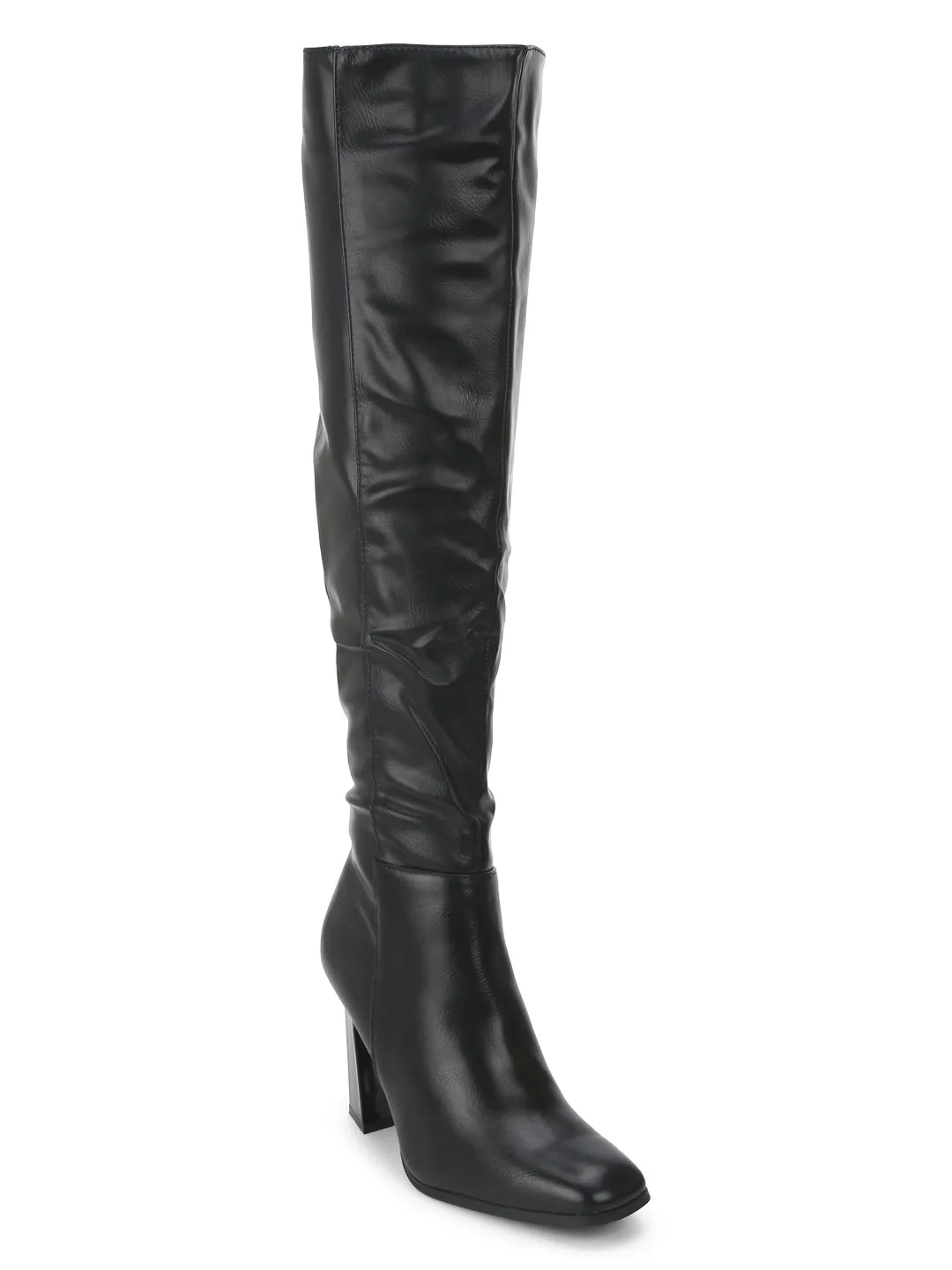 Black PU Dual Tone Block Heels Long Boots