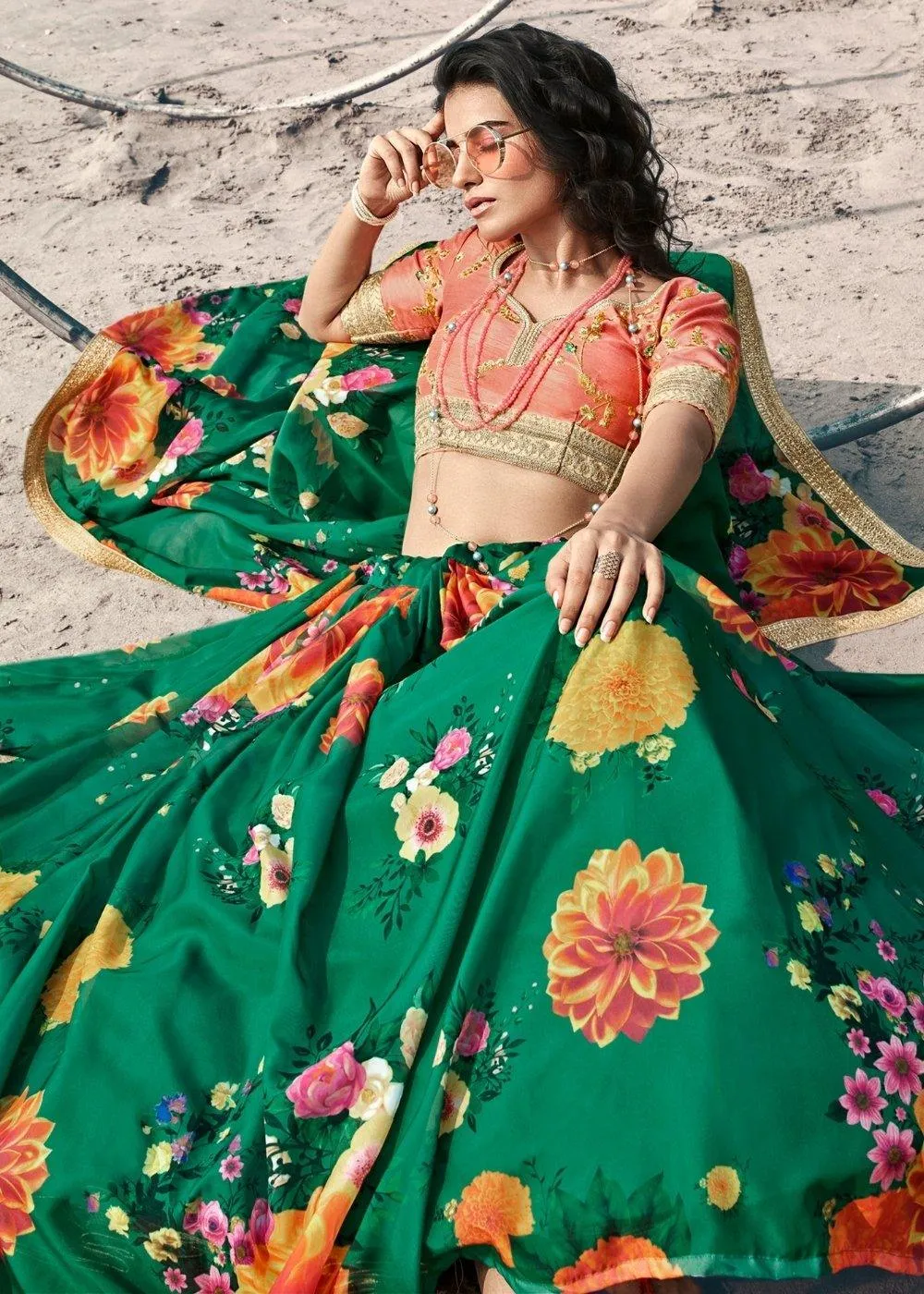 Bottle Green Designer Printed Organza Lehenga with Soft Net Dupatta