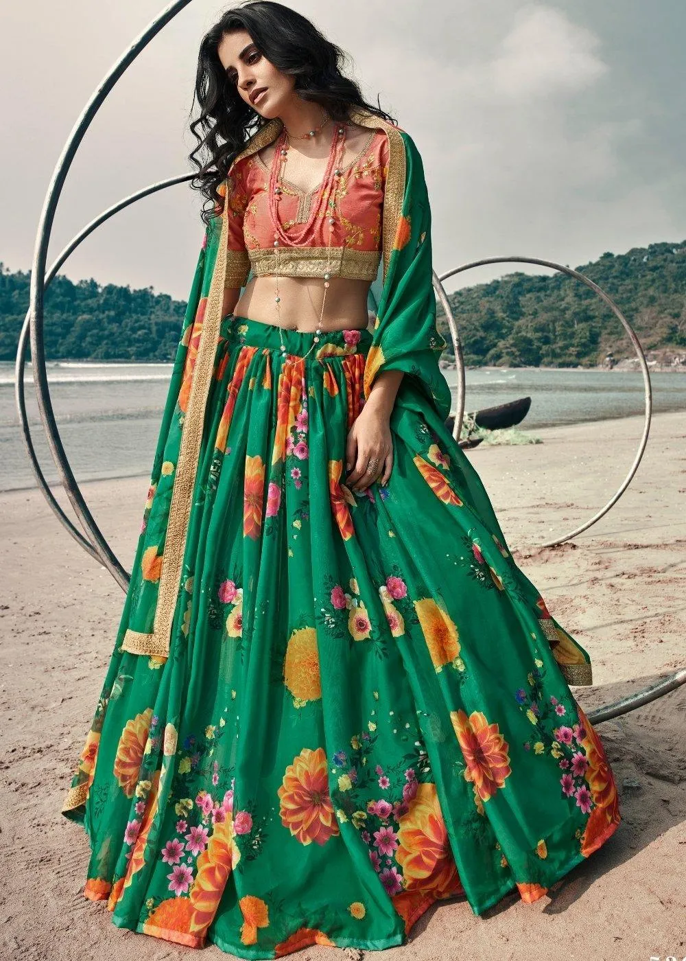 Bottle Green Designer Printed Organza Lehenga with Soft Net Dupatta