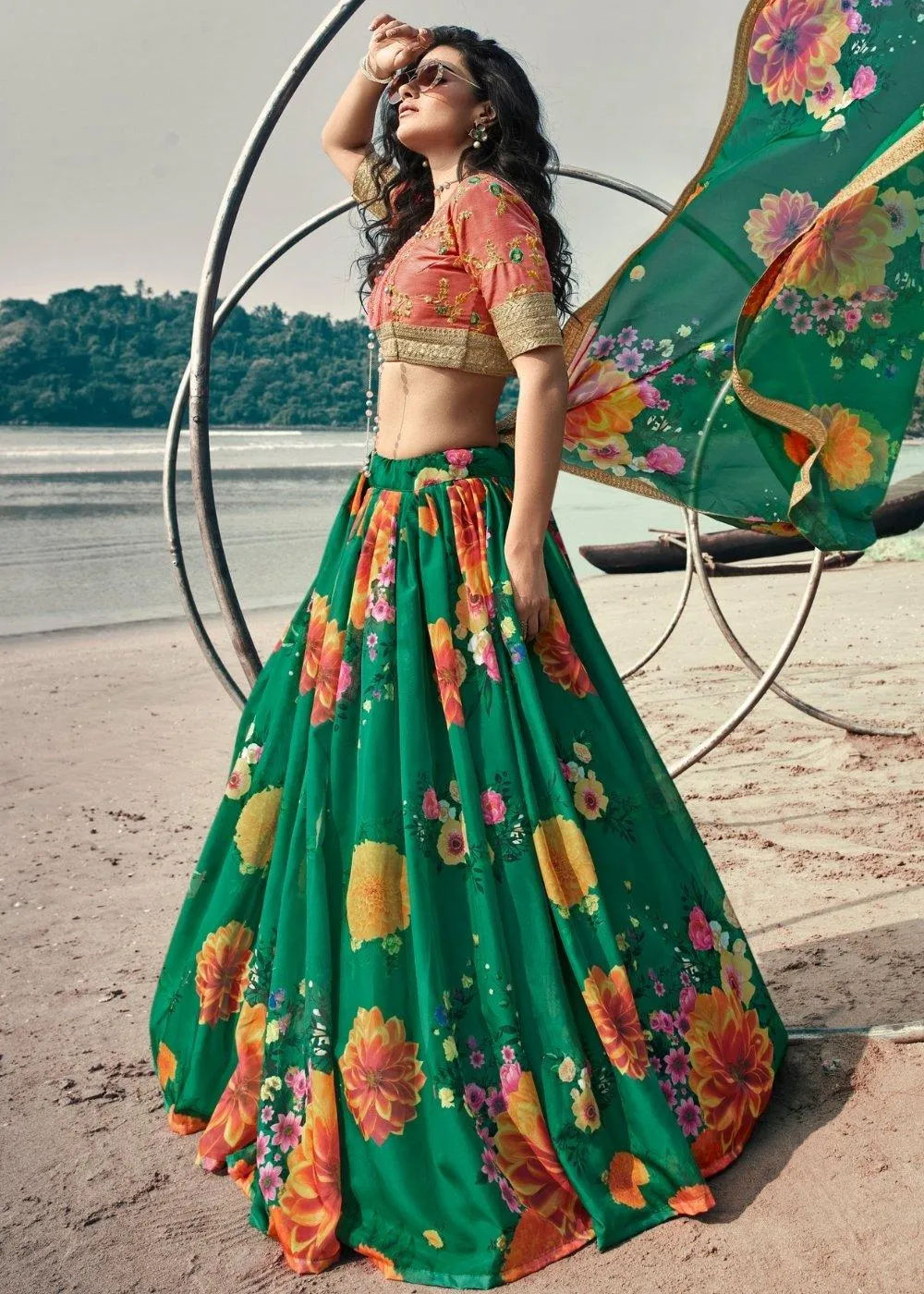 Bottle Green Designer Printed Organza Lehenga with Soft Net Dupatta