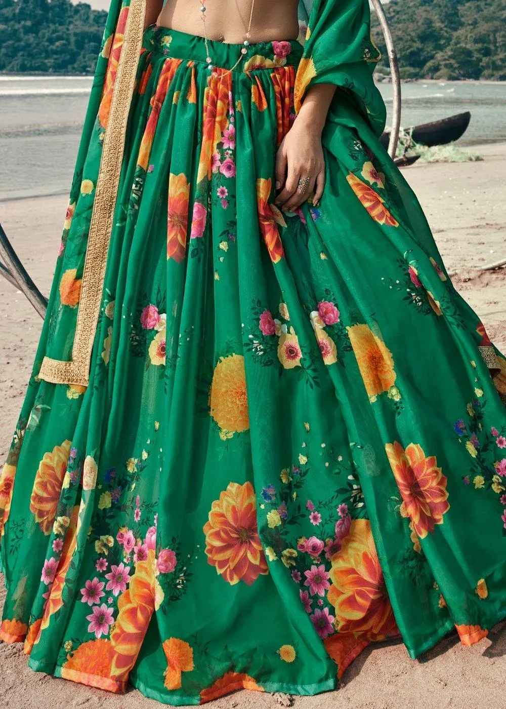 Bottle Green Designer Printed Organza Lehenga with Soft Net Dupatta