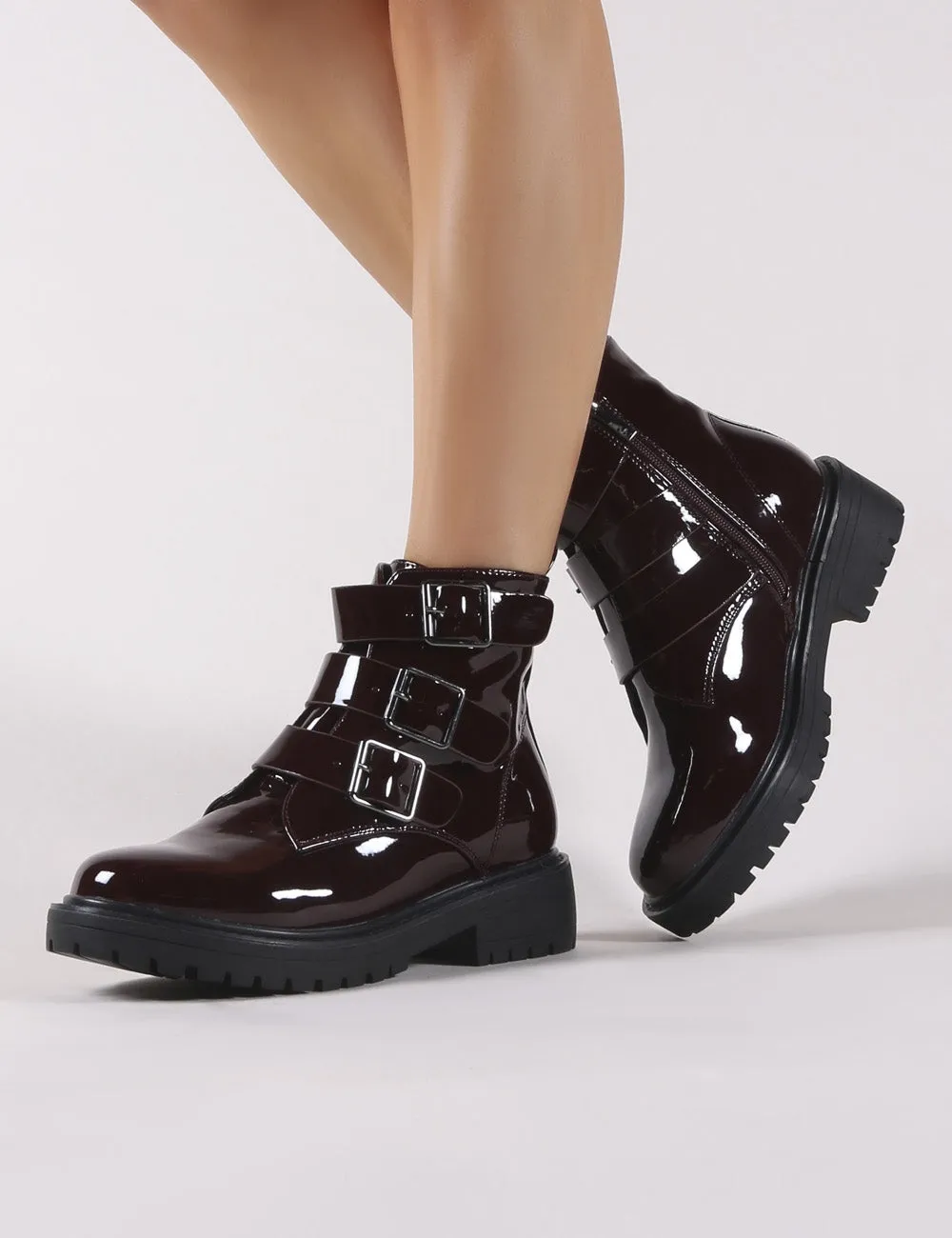 Brag Chunky Ankle Boots in Burgundy Patent