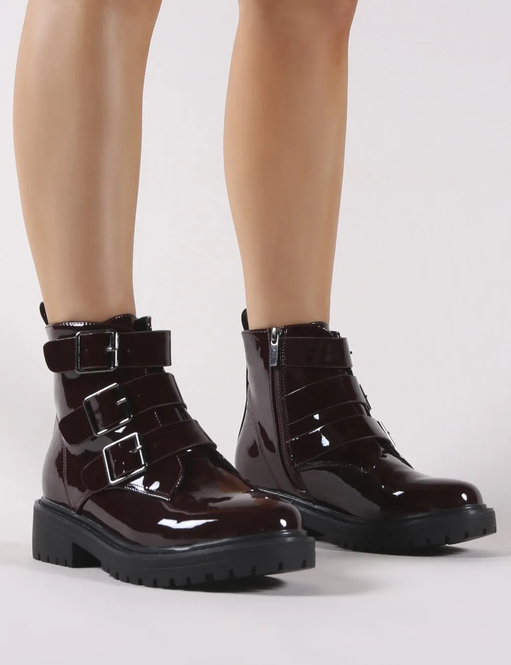 Brag Chunky Ankle Boots in Burgundy Patent