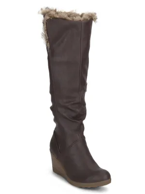 Brown Nubuck Fur Down Collar Mid Calf Long Boot