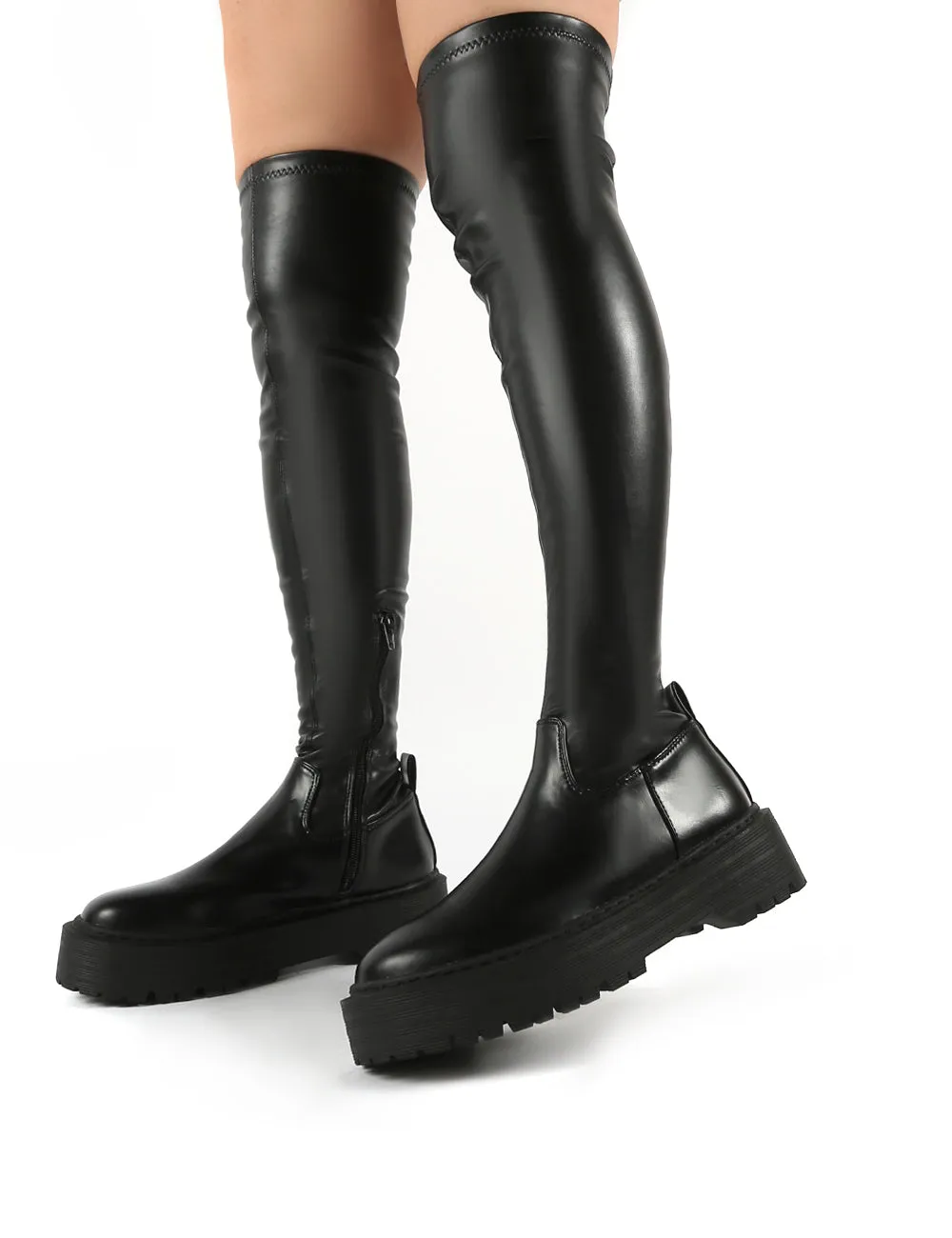 Charly Black Pu Chunky Sole Over The Knee Boots