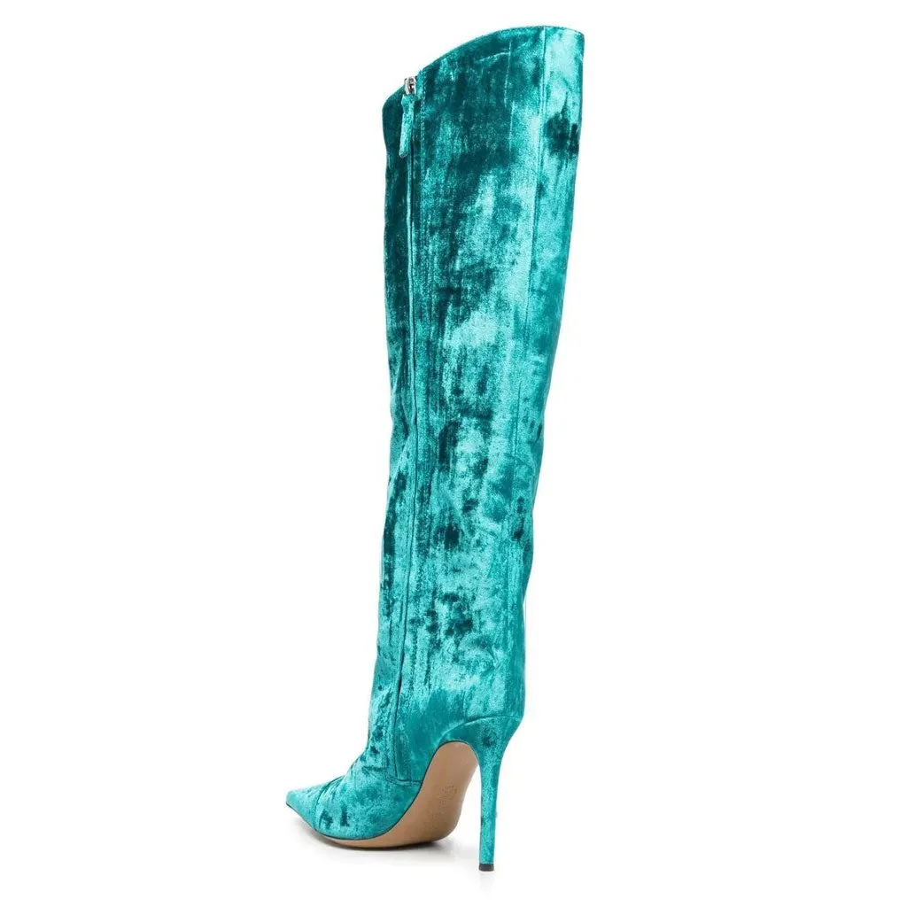 Classy Pointed Toe Knee High Velvet Stiletto Boots - Teal