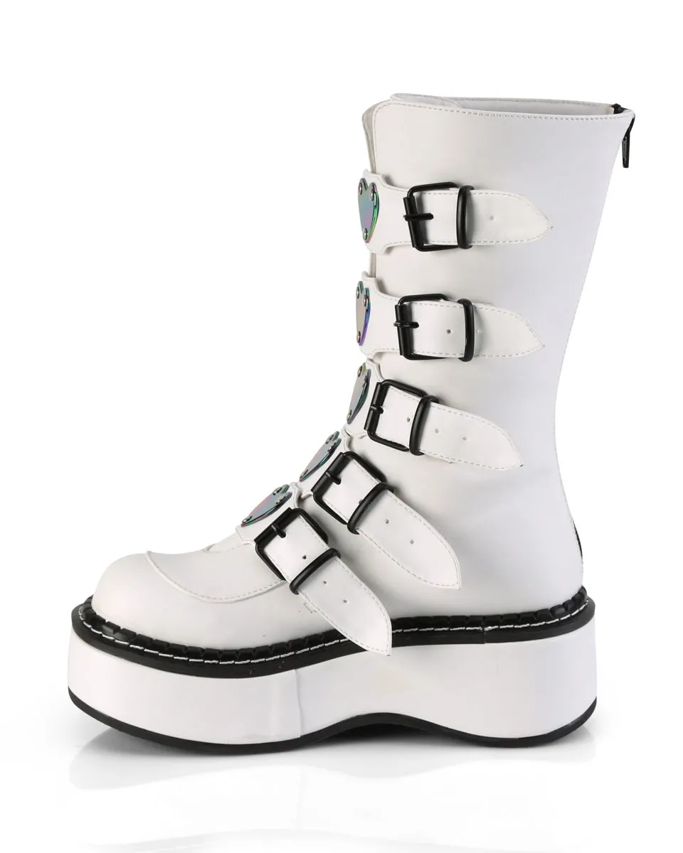 Demonia Emily White Heart-Buckle Boots