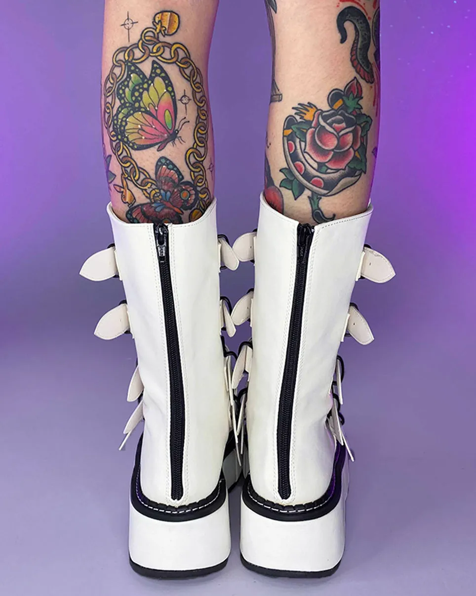 Demonia Emily White Heart-Buckle Boots