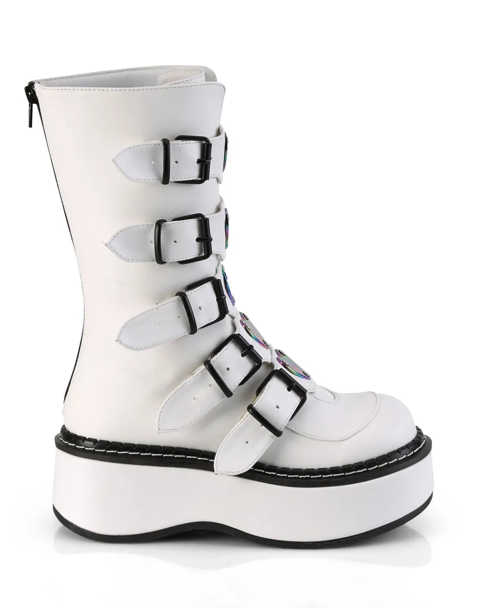 Demonia Emily White Heart-Buckle Boots