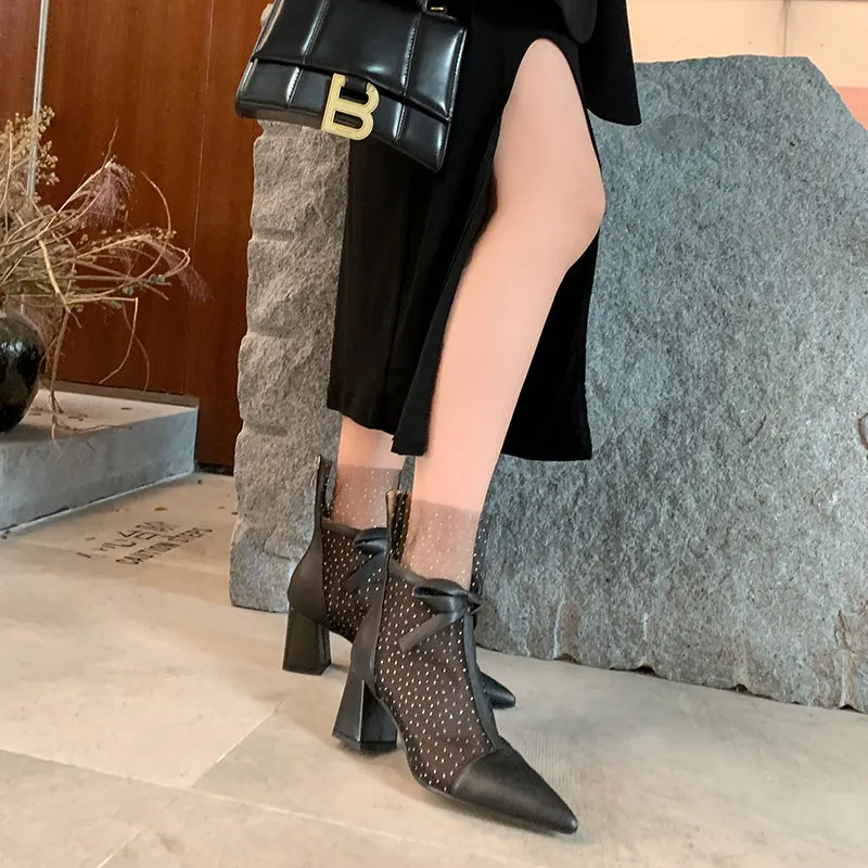 Dianna Chunky Heel Mesh Ankle Boots with Bow