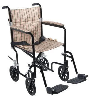 Drive Medical fw19db Flyweight Lightweight Folding Transport Wheelchair, 19", Black Frame, Tan Plaid Upholstery