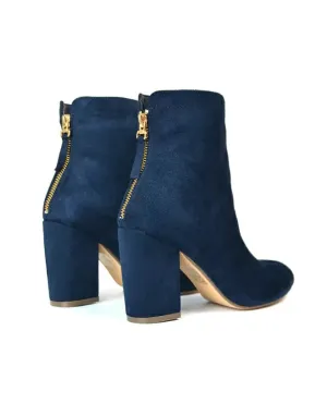 Evia Zip-Up Mid Block Heel Sock Ankle Boots in Navy Faux Suede