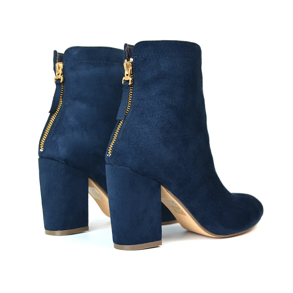 Evia Zip-Up Mid Block Heel Sock Ankle Boots in Navy Faux Suede