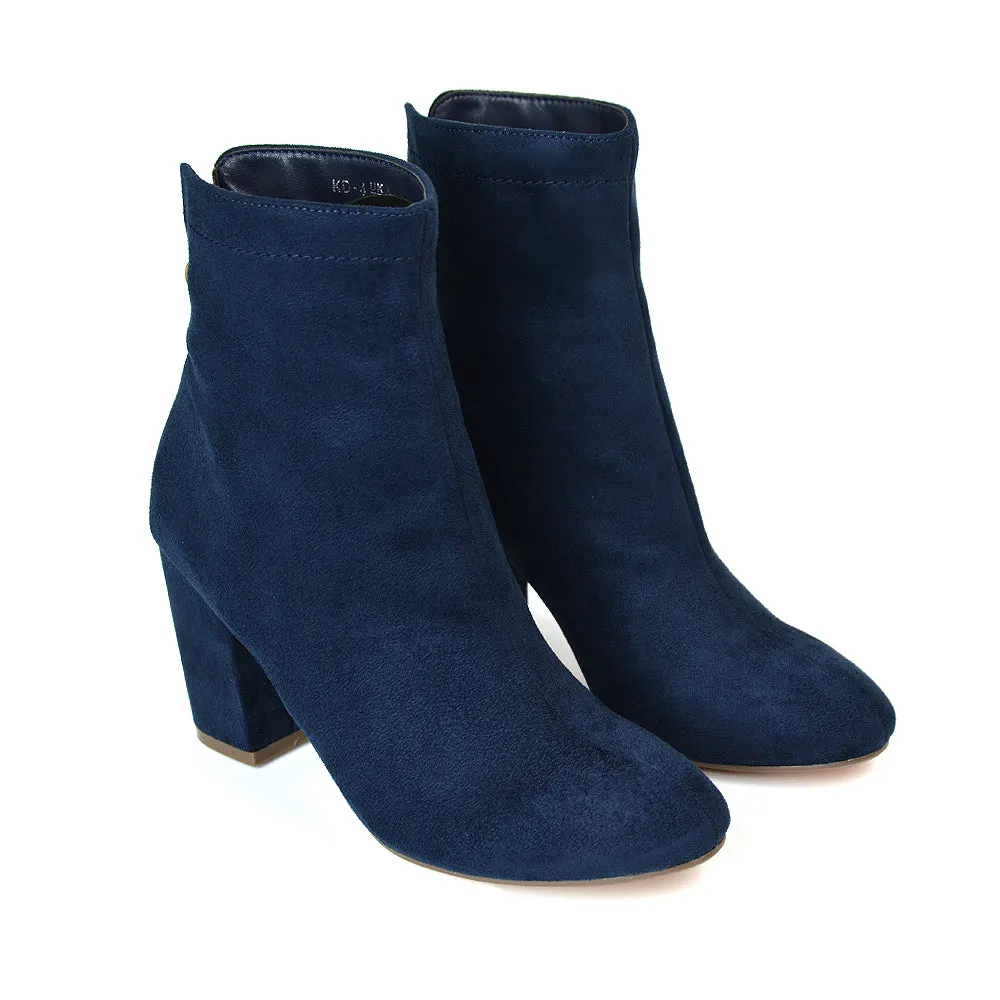 Evia Zip-Up Mid Block Heel Sock Ankle Boots in Navy Faux Suede