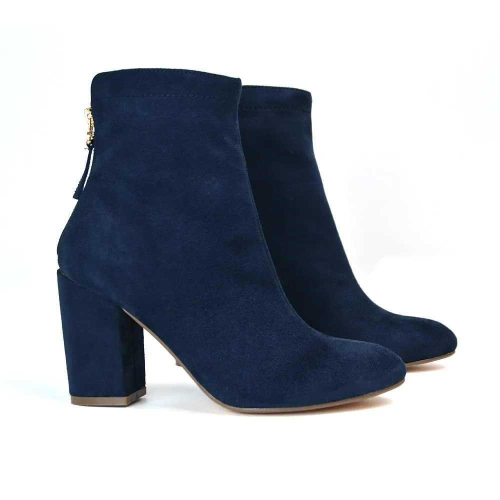 Evia Zip-Up Mid Block Heel Sock Ankle Boots in Navy Faux Suede