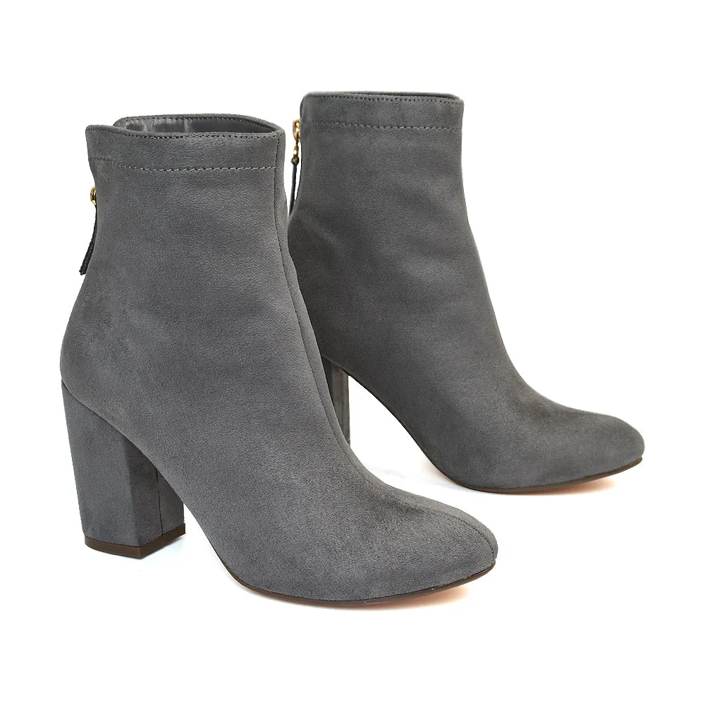 Evia Zip-Up Mid Block Heel Sock Ankle Boots in Navy Faux Suede