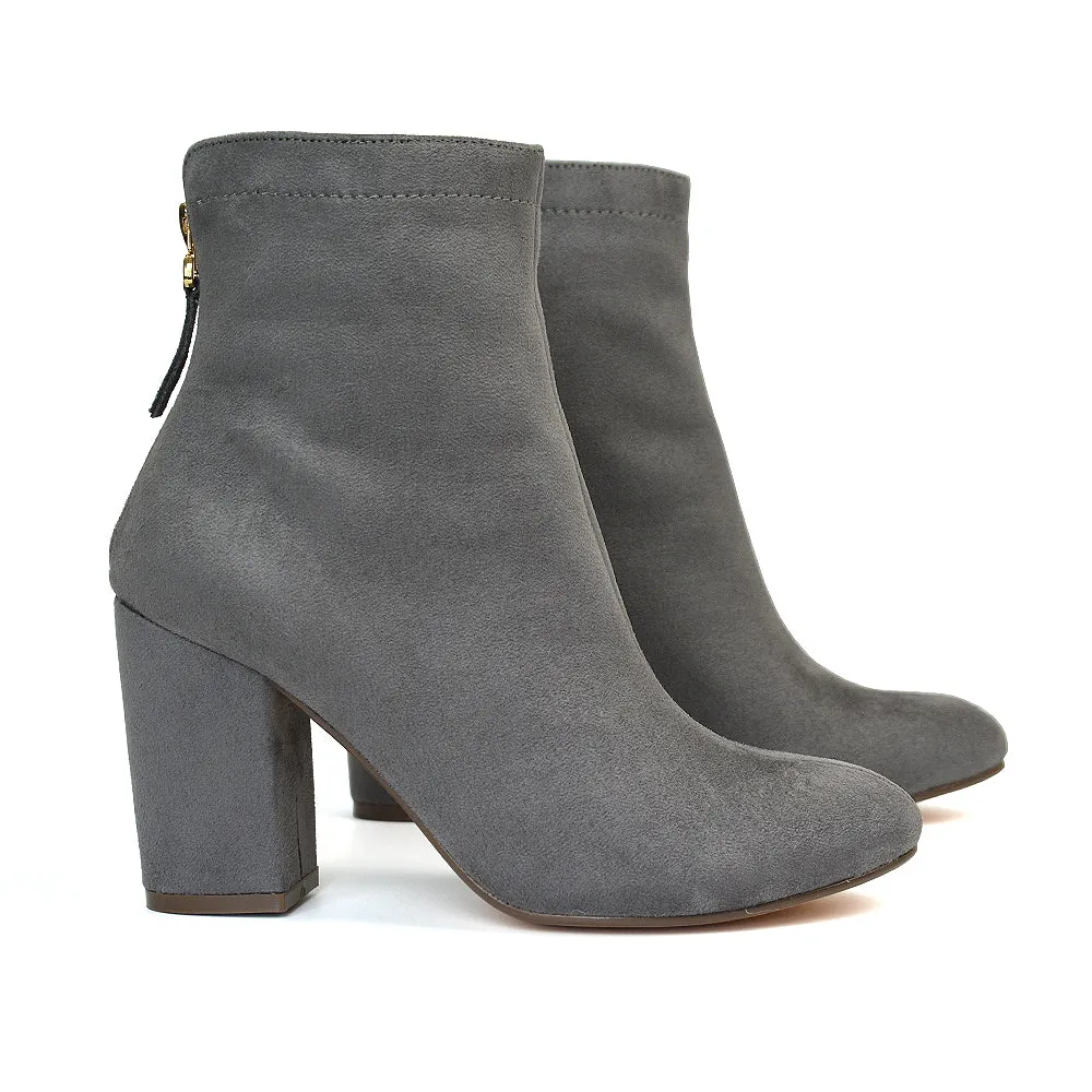 Evia Zip-Up Mid Block Heel Sock Ankle Boots in Navy Faux Suede