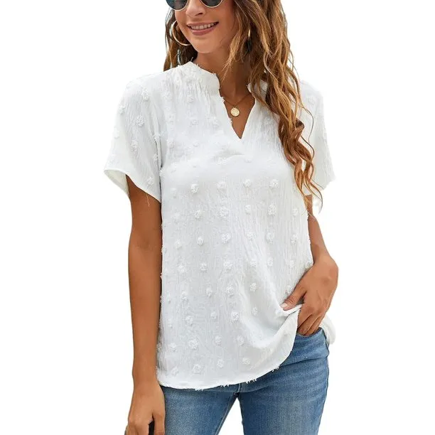 Fantaslook White Chiffon Blouses Womens Summer V Neck Polka Dot Shirts