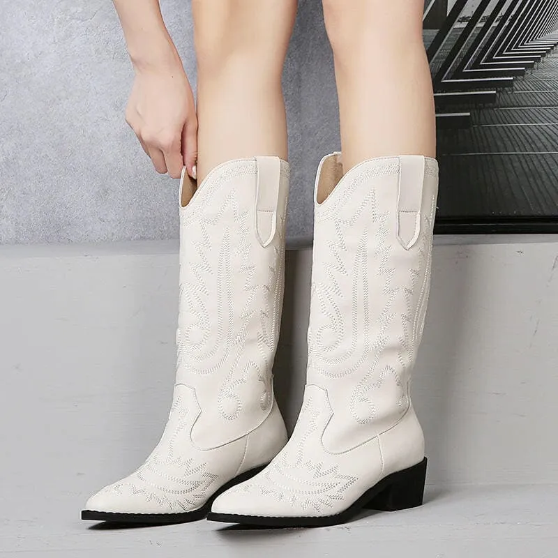 Faux Suede Embroidered Short Womens Western Boots with Square Heel