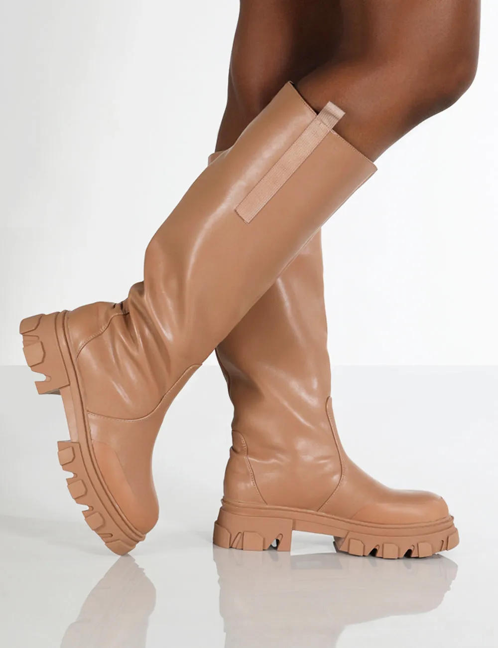 Genius Wide Fit Tan Knee High Platform Chunky Sole Boots