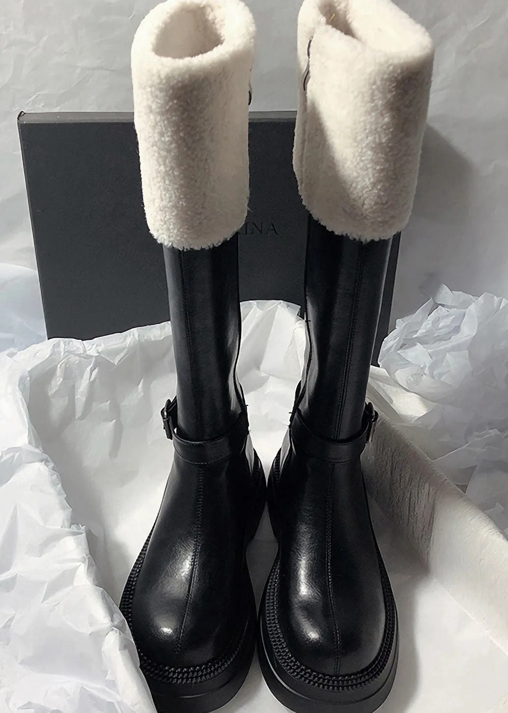 Genuine Shearling Lined Buckle Zip Boots