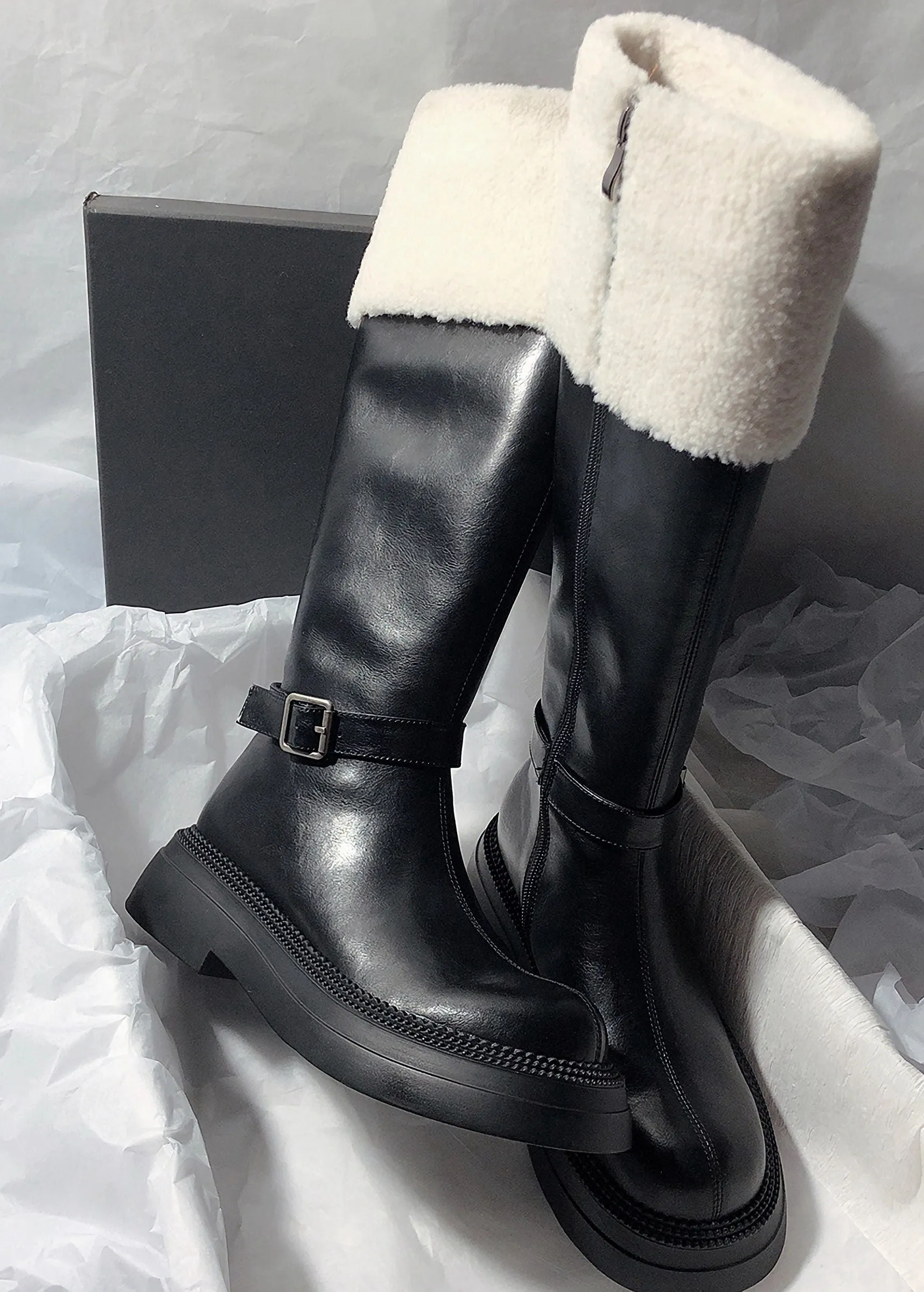 Genuine Shearling Lined Buckle Zip Boots