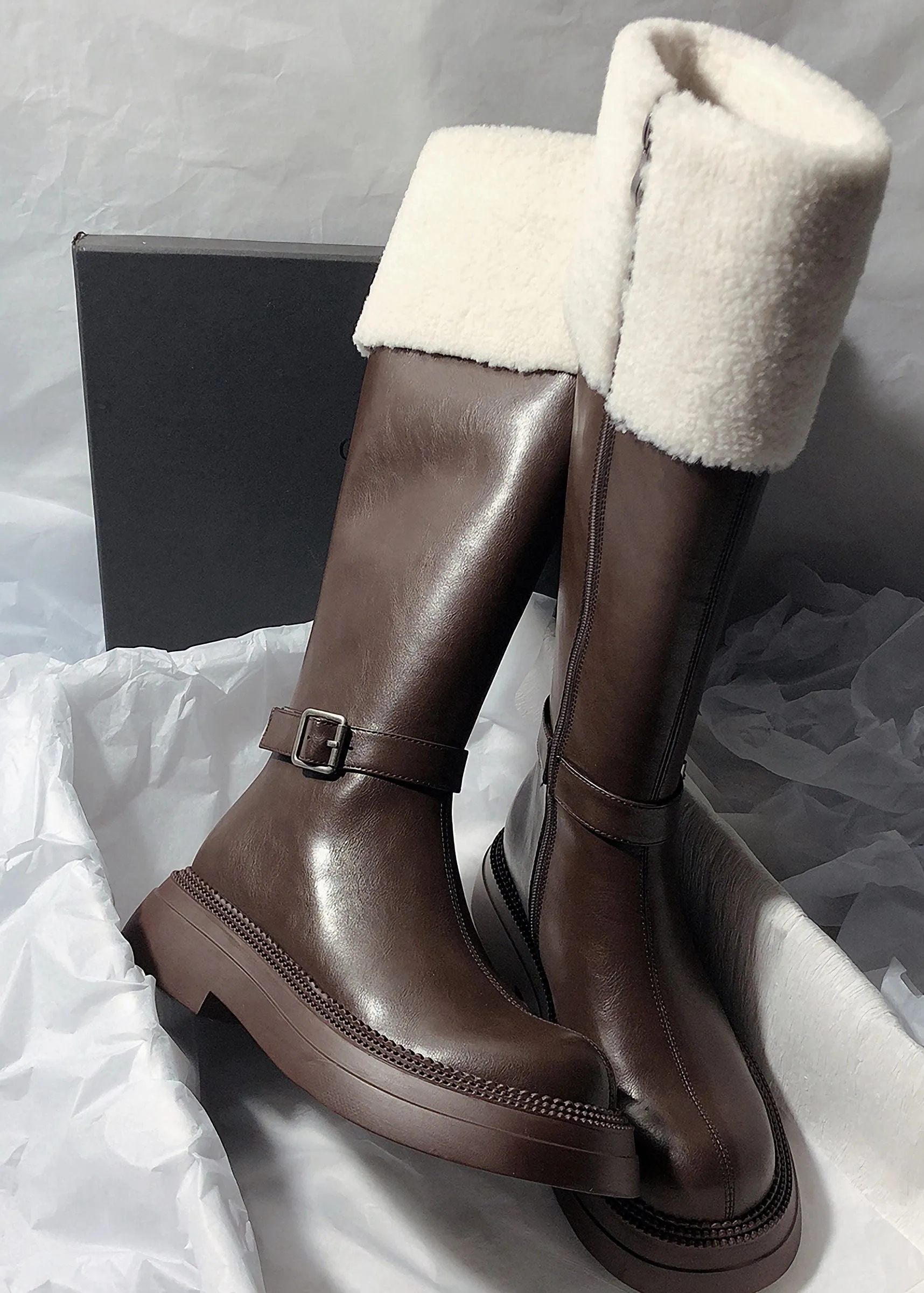 Genuine Shearling Lined Buckle Zip Boots