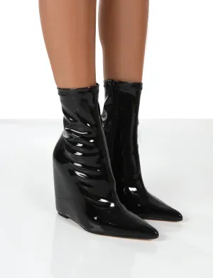 Getaway Black Patent Wedge Ankle Boots