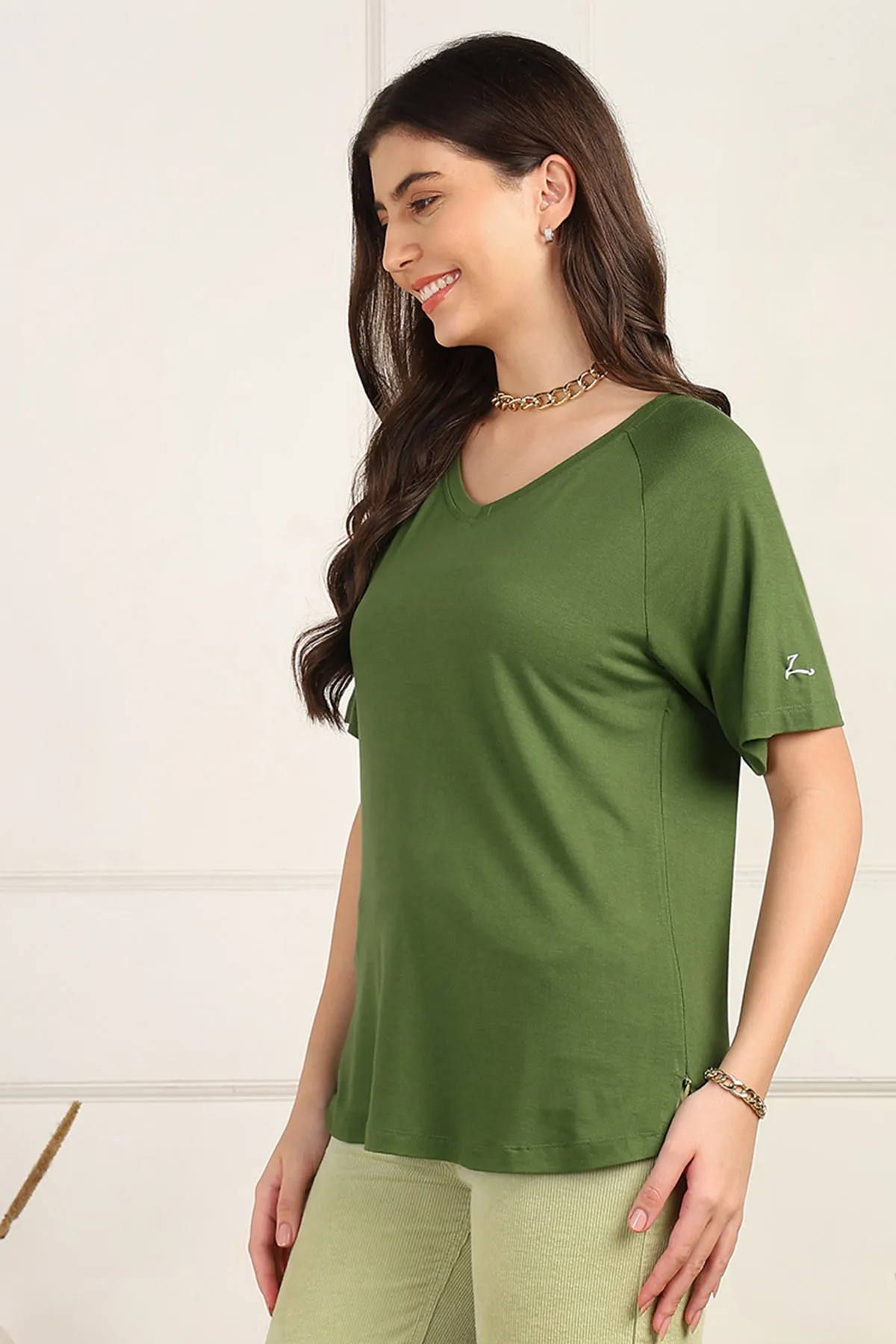 Green Solid Nursing Top with Side Zip Access