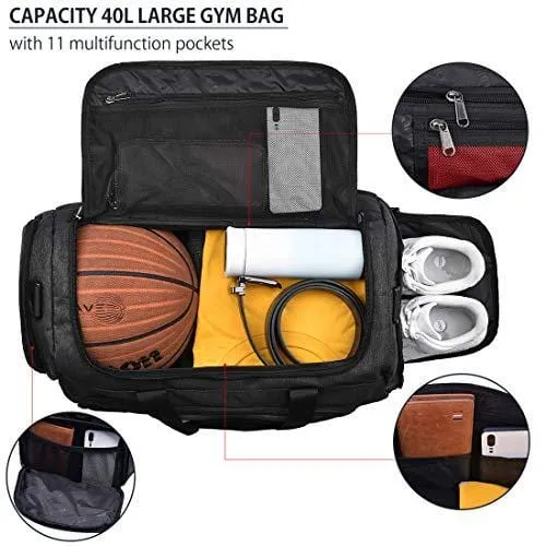 Gym Duffle Bag Waterproof Large Sports Bags Travel Duffel Bags with Shoes Compartment Weekender Overnight Bag Men Women 40L Black