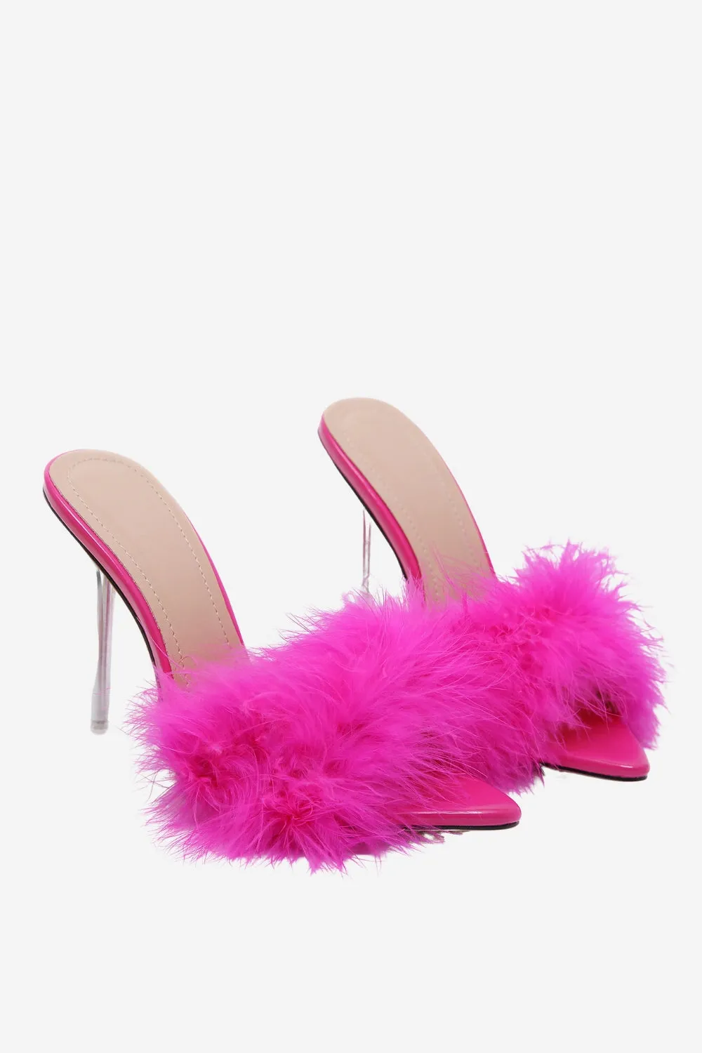 JOSKAA Woman Elegant high heel Hot Pink Feathers Pointed Toe Stiletto Sandals