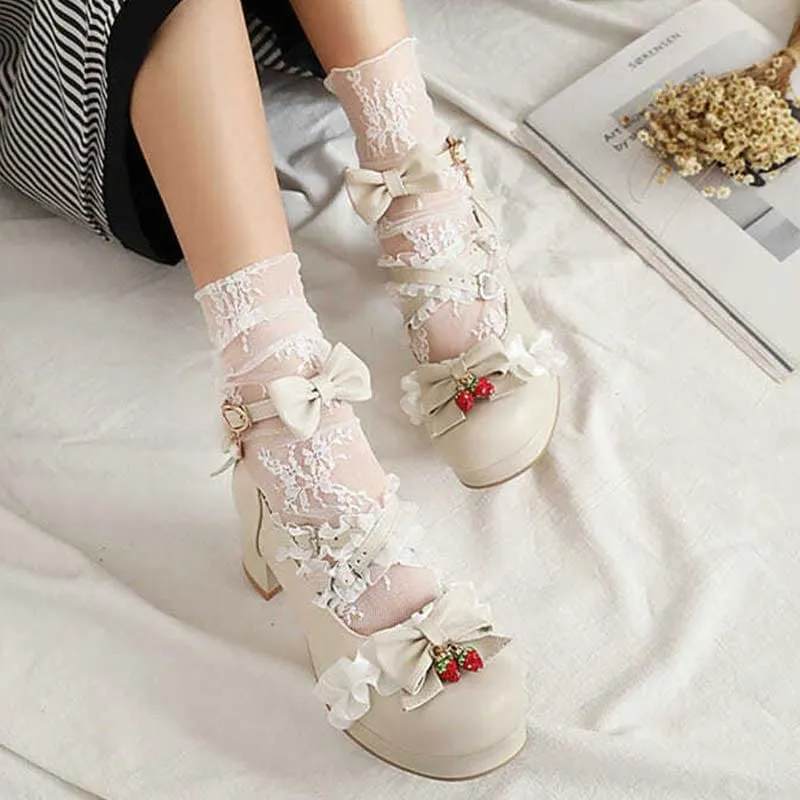 Kawaii Lace Bow Lolita Kitten Heel Mary Janes Shoes